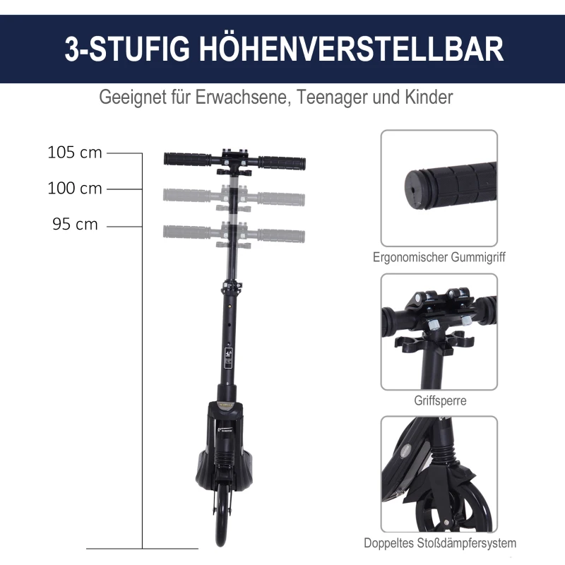 HOMCOM Scooter Kickscooter Roller Tretroller mit  200 mm rutschfesten Vollgummireifen für Erwachsene Kinder Teenager ab 14 Jahren höhenverstellbar faltbar Schwarz 93,5 x 38 x 95-105 cm