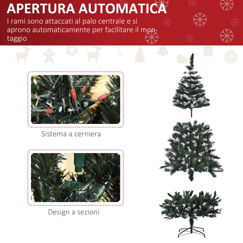 HOMCOM Albero di Natale Innevato 180cm con Bacche Decorative Bianche, Base Rimovibile Pieghevole, 603 Rami, Verde