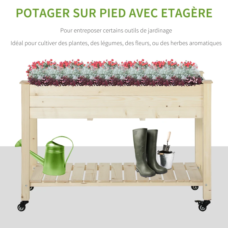 Outsunny Jardinière sur Pieds - Potager sur roulettes - étagère, Inserts d'irrigation, Feutre de Drainage Inclus - Bois Massif Sapin