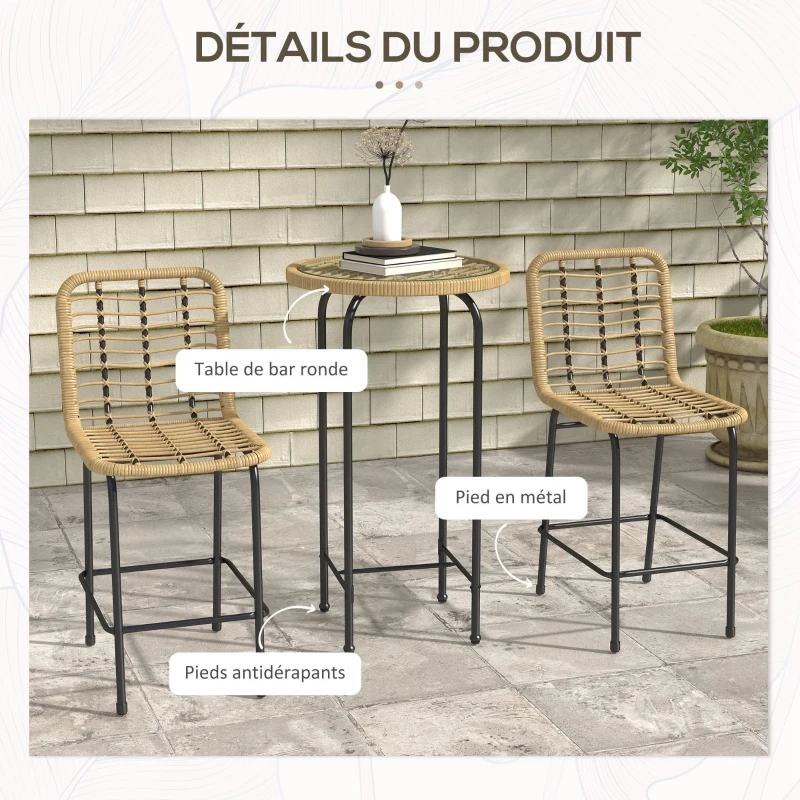 Outsunny Ensemble 3 pièces 1 table haute ronde design bohème + 2 tabourets ronds avec repose-pied en métal 2 personnes naturel