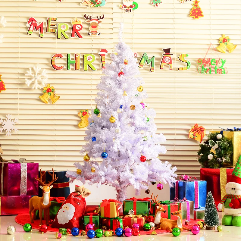 HOMCOM Árbol de Navidad Artificial 150 cm con 680 Ramas de PVC 48 Decoraciones Incluidas Ø85x150 Blanco