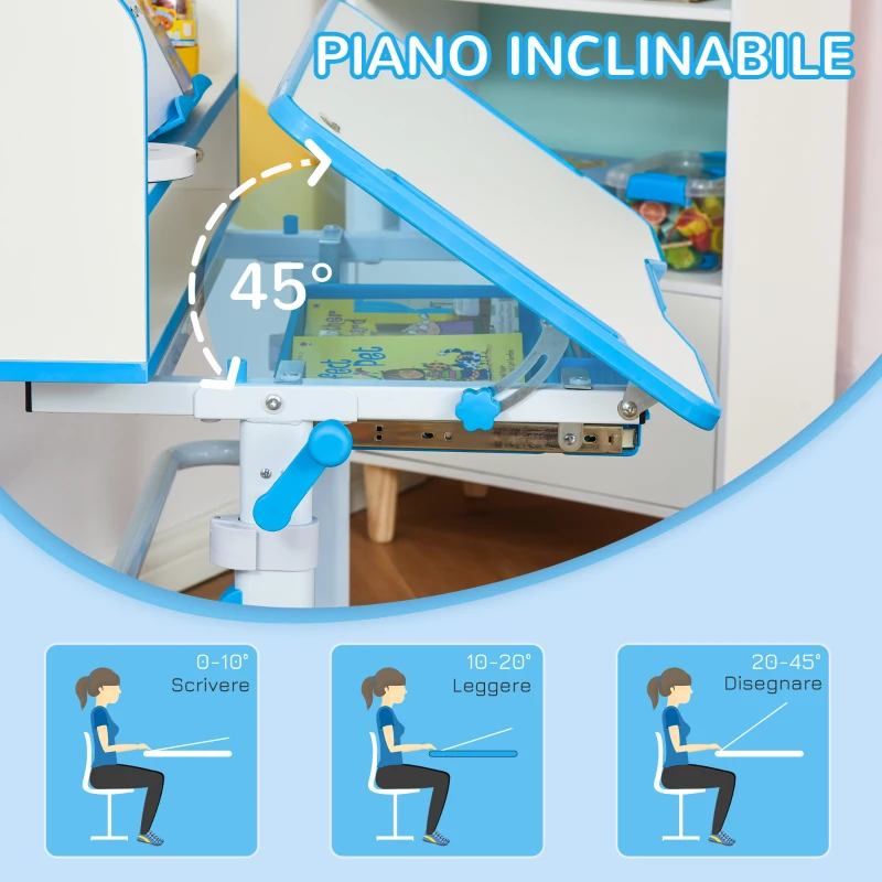 HOMCOM Banco Scuola per Bambini 6-12 Anni Regolabile con Luce LED, Leggio e Portapenne, in MDF, PP e Acciaio, Azzurro