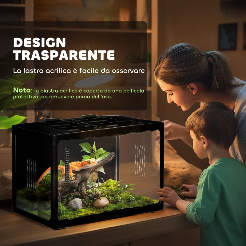 PawHut Terrario per Tartarughe di Terra e Rettili con Termometro 18-34℃, 60x40x40.5 cm, Nero