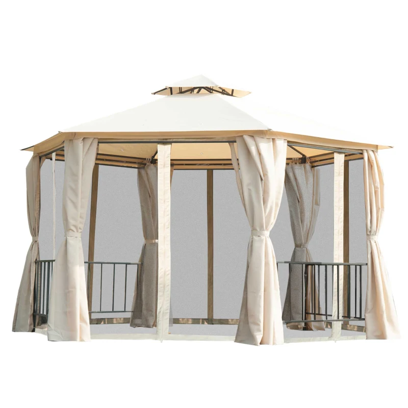 Outsunny 3 x 3 Hexagon Gazebo Patio Canopy Party Tent Outdoor Garden Shelter with 2 Tier Roof and Side Panel, Beige