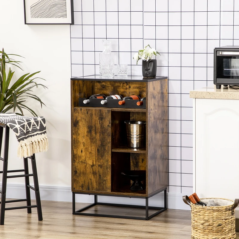 HOMCOM Aparador con Botellero para 4 Botellas con Encimera de Cristal Estilo Industrial 60x40x100 cm Marrón Rústico
