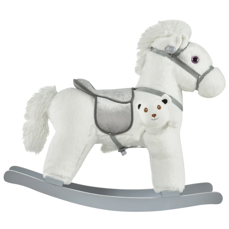 HOMCOM Cheval à bascule bébé de 18 à 36 mois en bois avec effet sonore ours en peluche gratuit 65 x 26 x 55 cm blanc