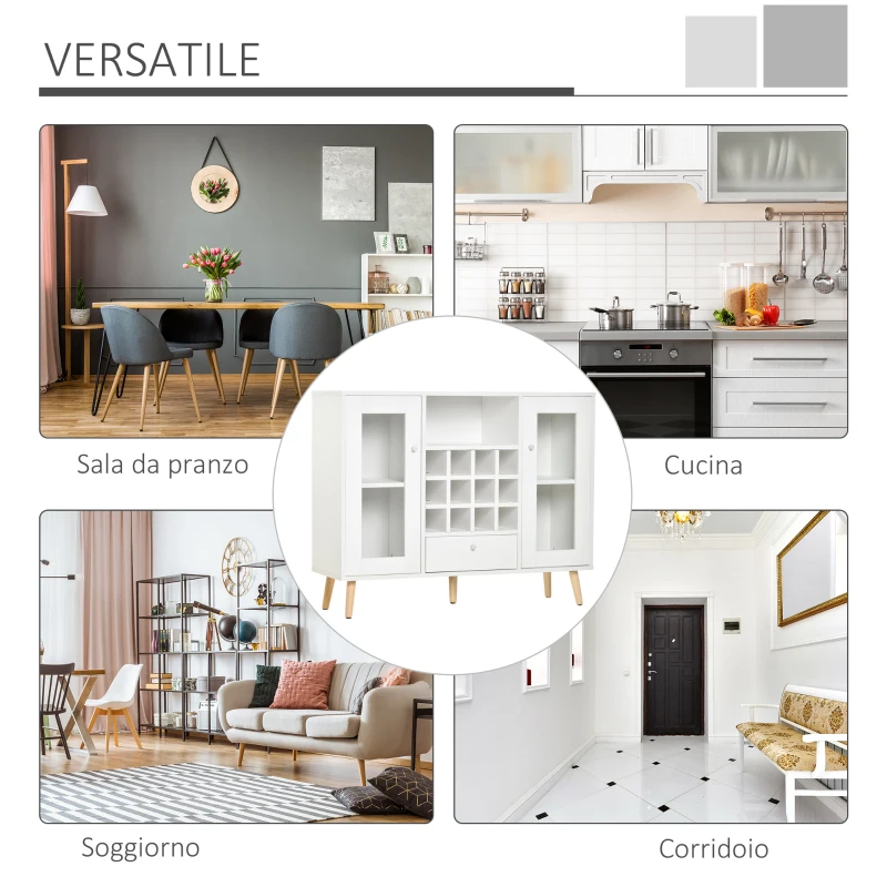 HOMCOM Credenza Moderna da Cucina con Cantinetta Vini 12 Bottiglie, Cassetto e Armadietti in Legno 100x33x80cm Bianco