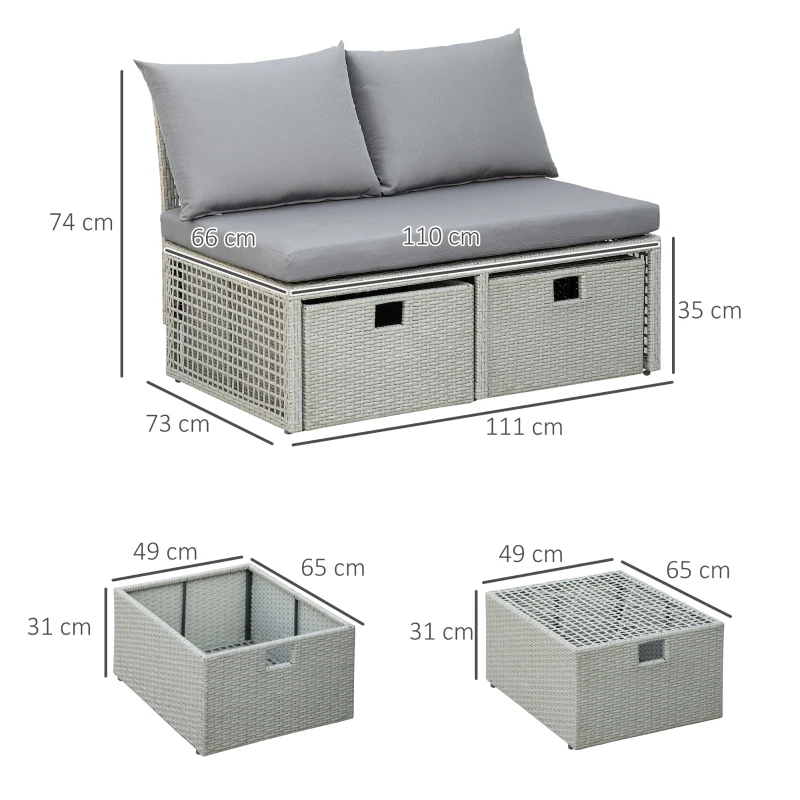 Outsunny Ensemble salon de jardin 3 places 3 pièces - canapé 2 places, pouf, coffre rangement - 4 coussins inclus - résine tressée imitation rotin gris