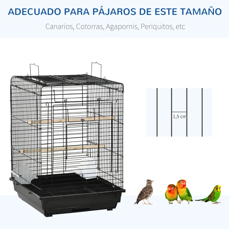 PawHut Jaula para Pájaros Jaula de Aves 40x40x59 cm con Techo Abatible 2 Perchas 2 Comederos y Bandeja Extraíble Negro