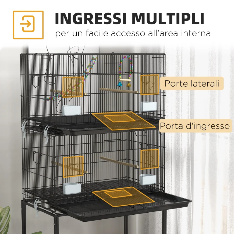 PawHut Gabbia per Uccelli in Acciaio e PP, Design Impilato con Posatoi, Altalene e Scalette, 77x46x164 cm, Nero