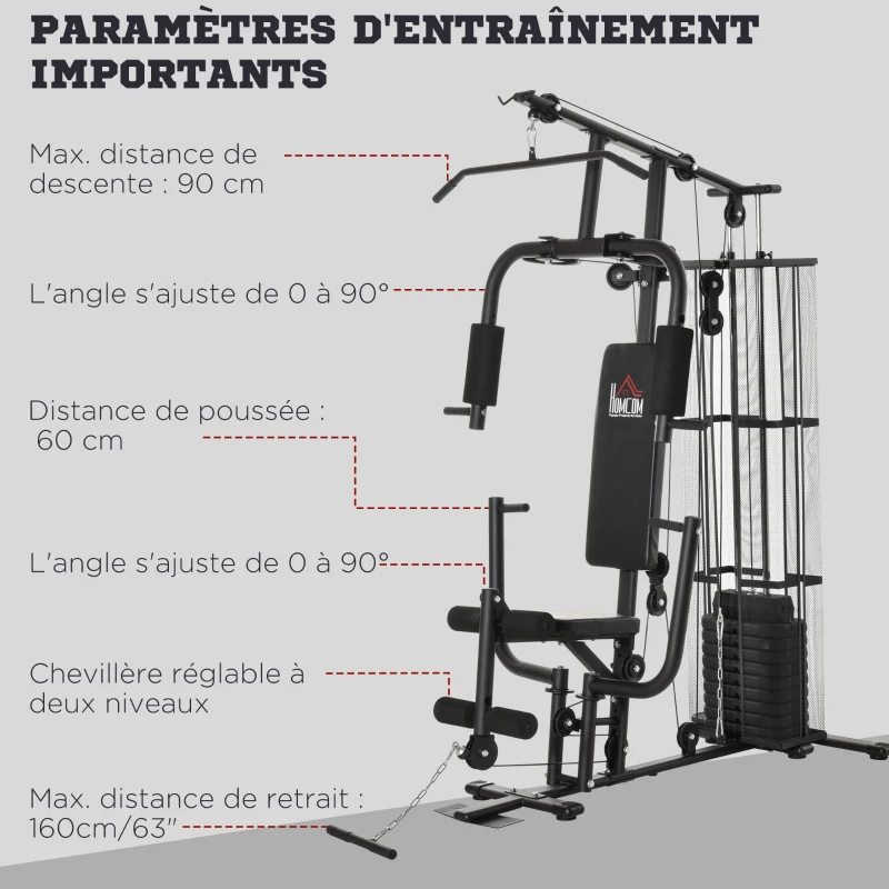 HOMCOM Station de musculation entrainement complet développé couché butterfly barre latissimus curler bande résistance 10 contrepoids 45 kg avec filet de protection acier noir(m-6)