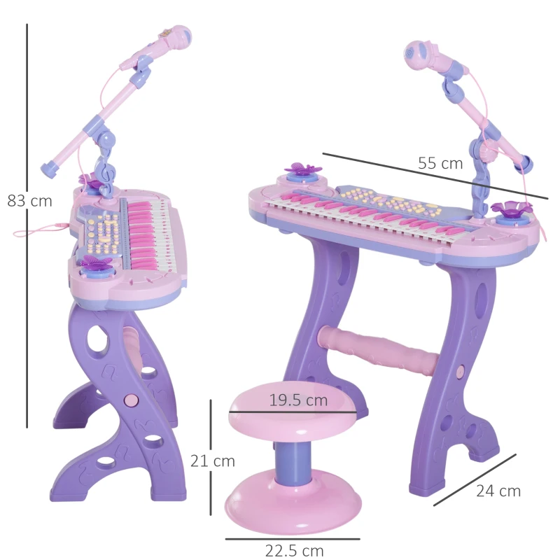 HOMCOM Pianola per Bambini a 37 tasti con Sgabello e Microfono, 12 Strumenti e 22 Musiche, Registrazione, MP3 e Karaoke, Rosa