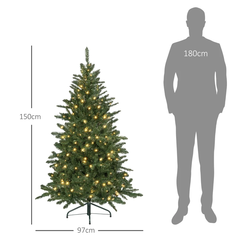 HOMCOM Árbol de Navidad Artificial 150 cm con 220 Luces LED 588 Ramas y Patas de Metal Árbol Navideño para Interior Verde