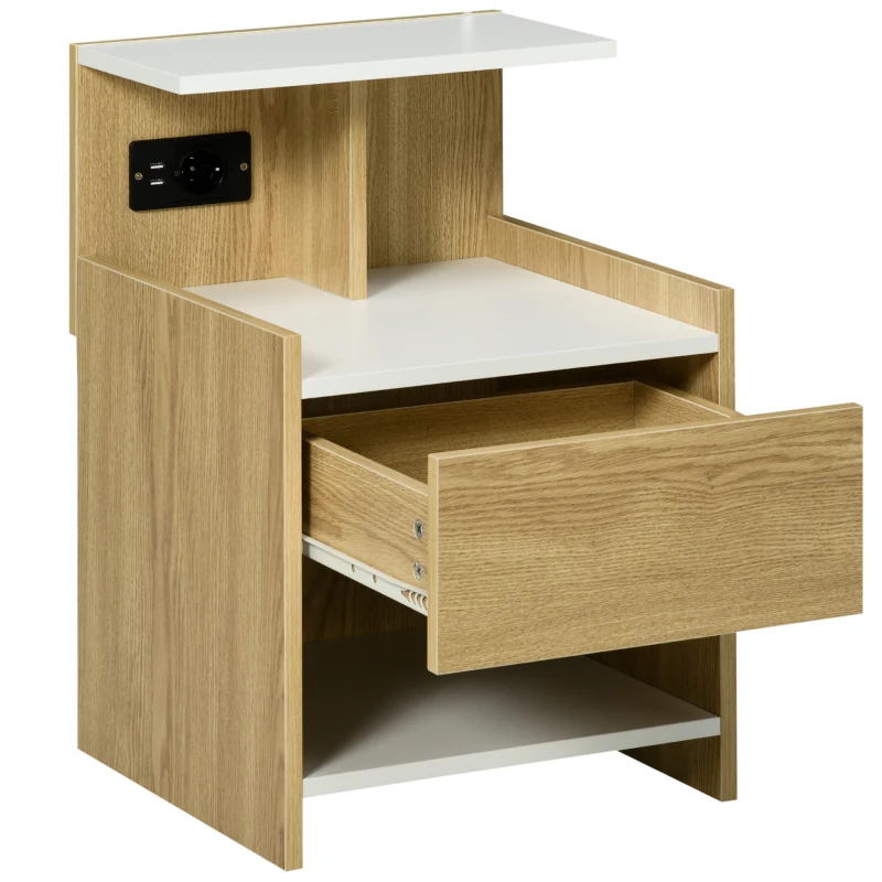 HOMCOM Comodino moderno con 2 Prese, 2 porte USB e Cassetto in truciolato, 40x40x60cm, Color Legno