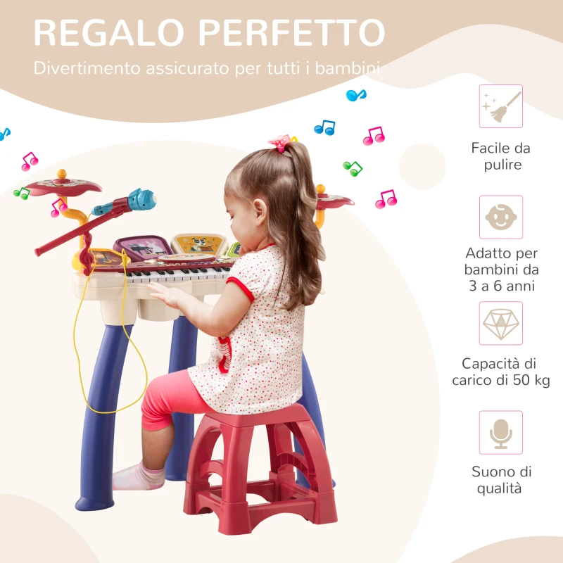 AIYAPLAY Pianola per Bambini 3-6 Anni con Sgabello, Microfono, Tamburo e Bacchette, in PP e ABS, 74x32.2x71 cm