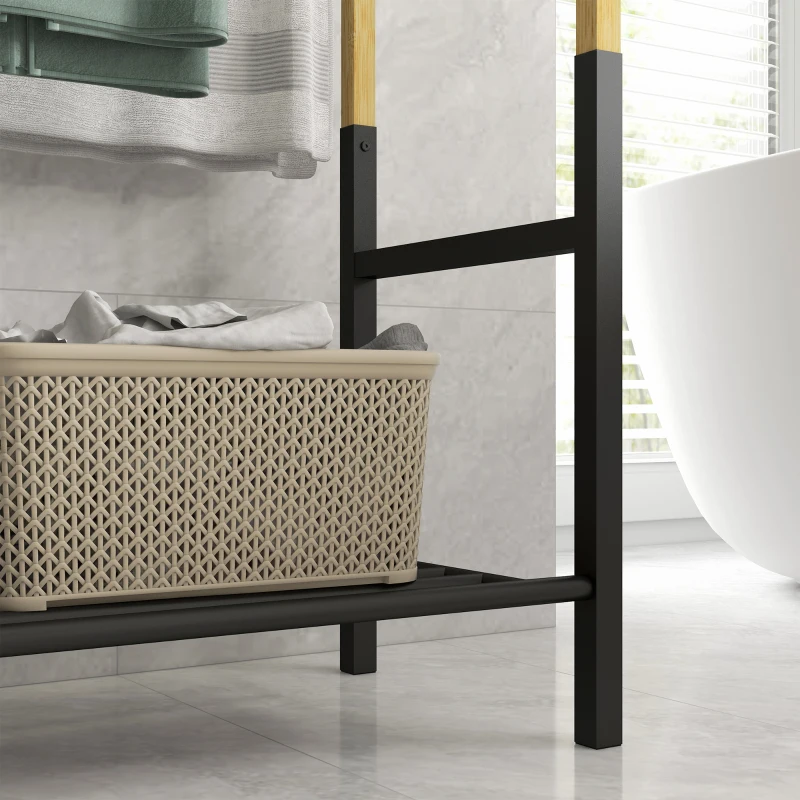 HOMCOM Portasciugamani a Terra con 3 Barre e Ripiano Inferiore, in Bambù e Acciaio, 51x31x85.5 cm, Nero e color Legno