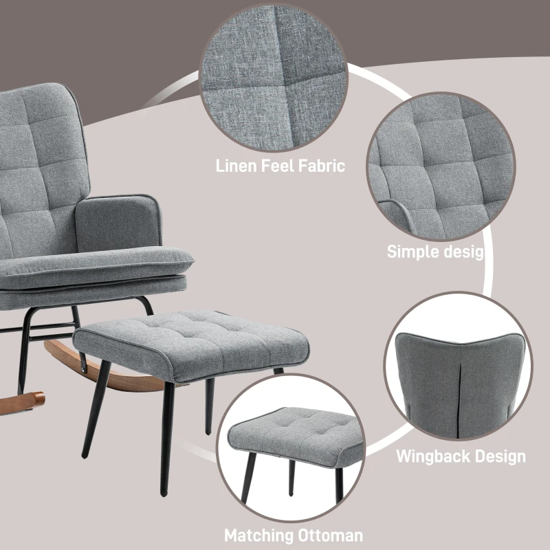 HOMCOM Linen-Look Rocking Chair and Ottoman Set - Grey