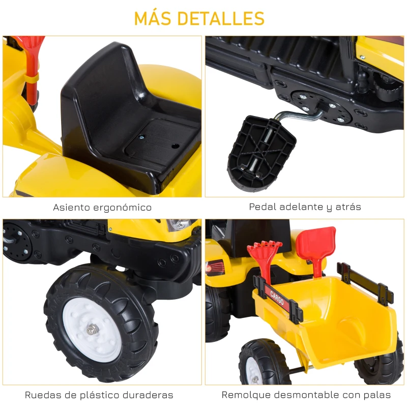 HOMCOM Tractor Pedal con Remolque para Niños 3 Años Juguete de Montar Coche de Pedales Carga 35 kg 133x42x51 cm Amarillo