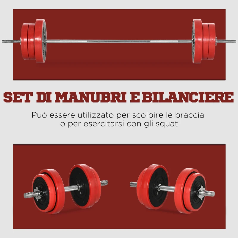 HOMCOM Set Bilanciere e Dischi 65kg totali per Workout in Casa, in Metallo, Sabbia di Ferro e Gomma, Rosso