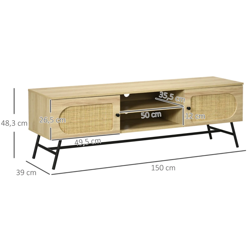 HOMCOM Meuble TV 2 portes cannage en rotin 2 niches avec 2 passe-câbles - pieds métal noir 150 x 39 x 48,3 cm naturel