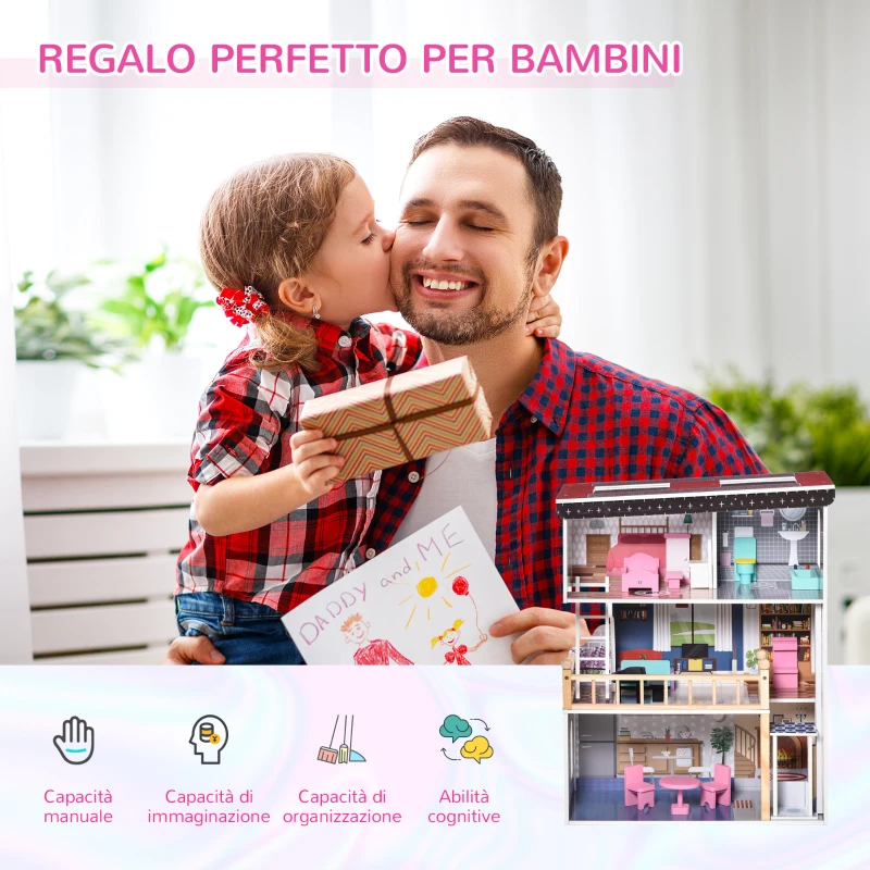 HOMCOM Casa delle Bambole in Legno a 3 Piani con Ascensore e Accessori, per Bambini 3-6 Anni, 60x30x80 cm, Rosa