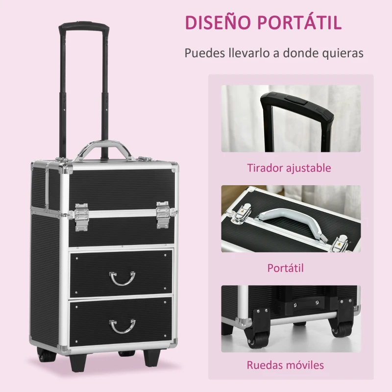 HOMCOM Maleta de Maquillaje Profesional Estuche para Cosmética con 6 Cajones Extensibles y Cierre Llave 36x23x58cm Negro