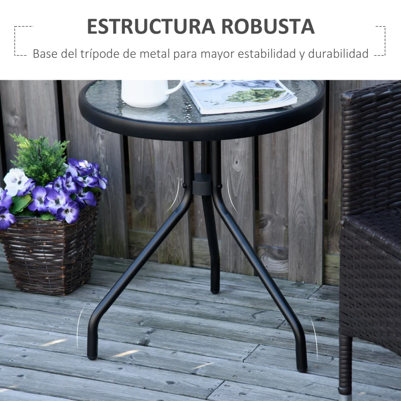 Outsunny Mesa de Jardín Redonda Mesa de Café Exterior con Tablero de Cristal Decorativo y Marco de Metal para Patio Terraza Balcón Ø50x55 cm Negro
