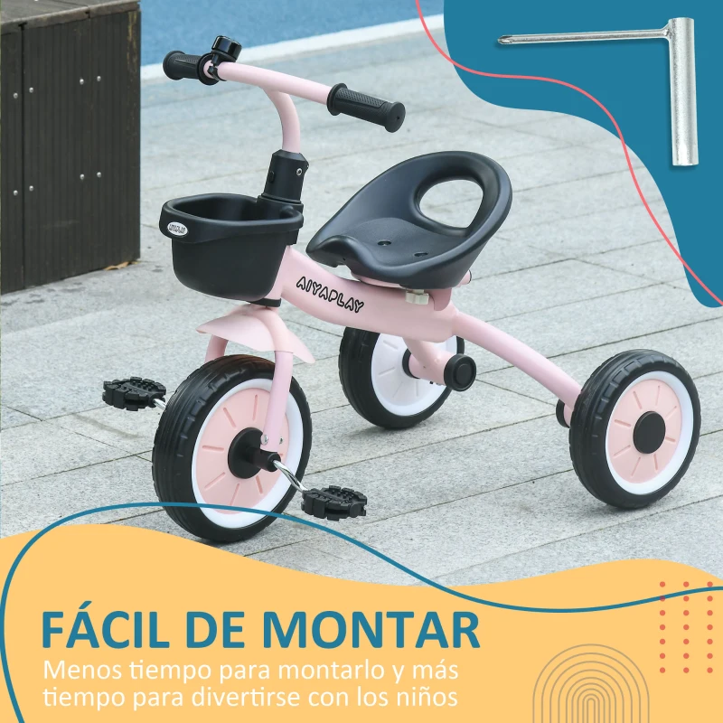 AIYAPLAY Triciclo para Niños de 2 a 5 Años Bicicleta Infantil con Asiento Ajustable Cesta Timbre y Pedales 70,5x53x58 cm Rosa