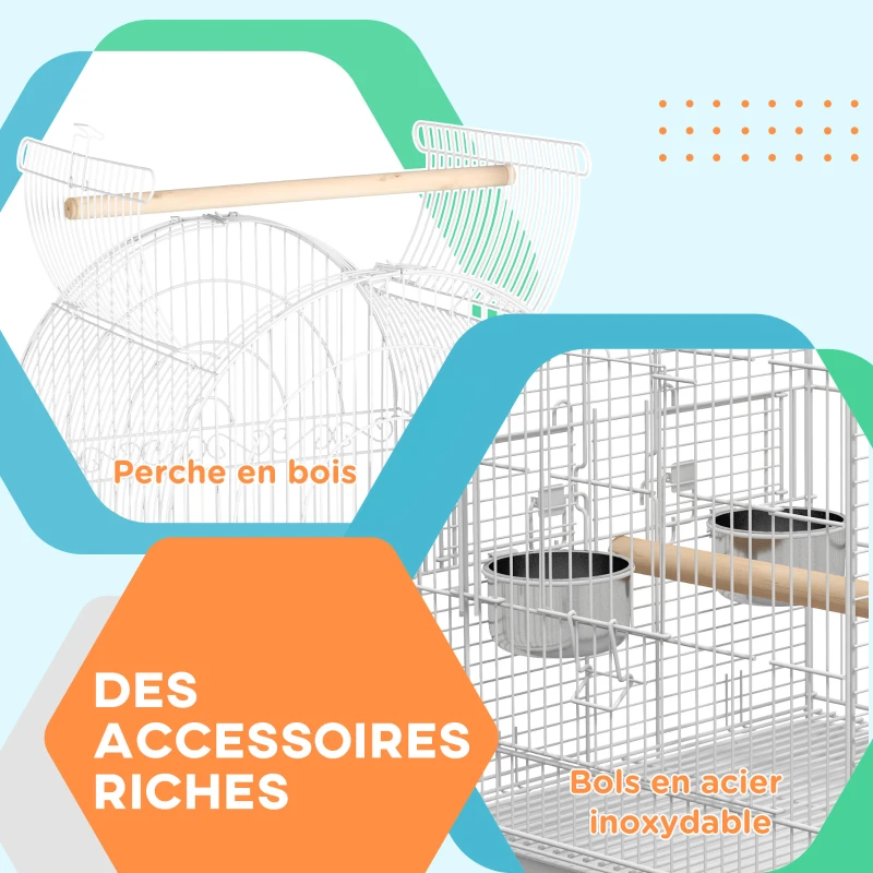 PawHut Cage à oiseaux sur roulettes avec étagère plateau amovible 2 bols perchoir acier inoxydable 51 x 51 x 153 cm blanc