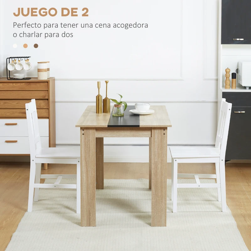 HOMCOM Juego de 2 Sillas de Comedor Blancas Silla de Cocina con Respaldo de Listones Marco de Madera de Pino 41x46,5x85,5 cm