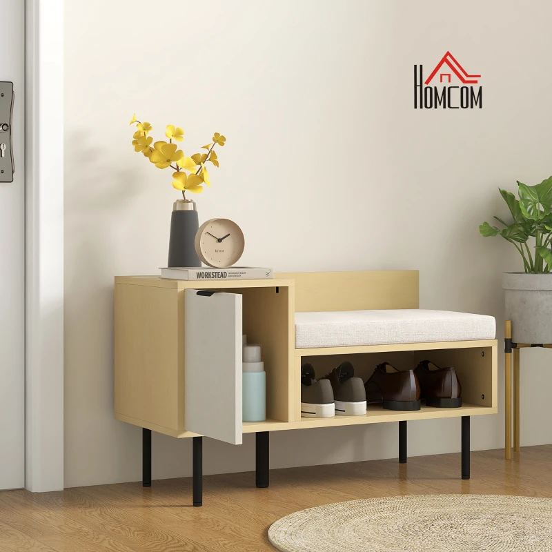 HOMCOM Zapatero de Entrada Recibidor con Cojín Puerta y Estante Zapatero con Asiento para Salón Pasillo 80x35x47 cm Natural