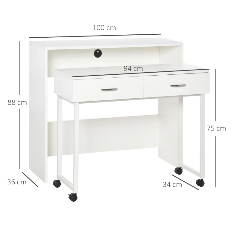 HOMCOM Tavolo Scrivania Salvaspazio per Camera e Ufficio, Scrivania con Cassetti e Ruote, Postazione di Lavoro Doppia o Singola, 100x36x88cm, Bianco
