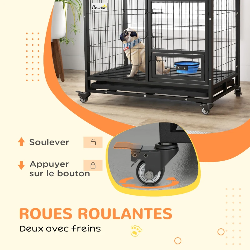 PawHut Cage pour chien cage de transport sur roulettes avec support de gamelle plateau amovible 2 portes verrouillables