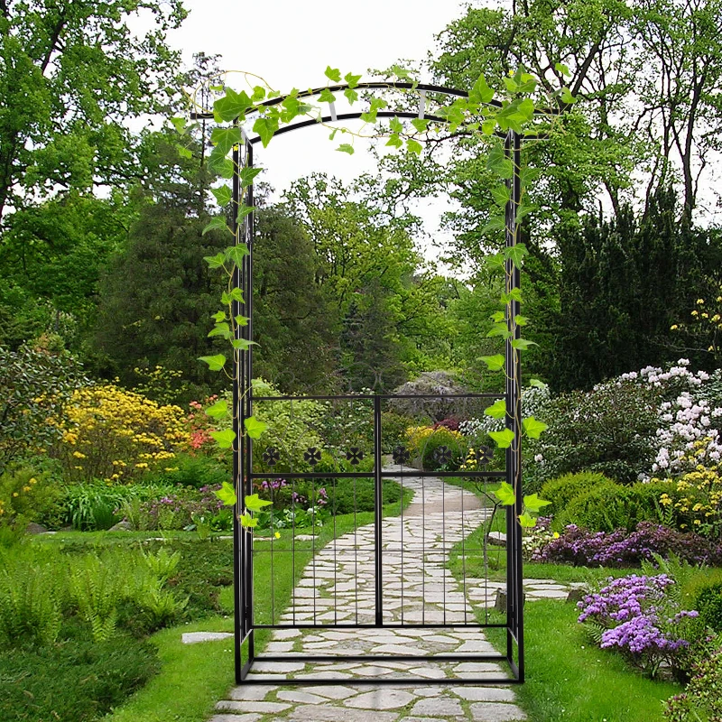 Outsunny Garden Outdoor Entrance Arch with Door Outdoor Patio Decoration for Rose Trellis Arbour Climbing Plant 131L x 49W x 200Hcm