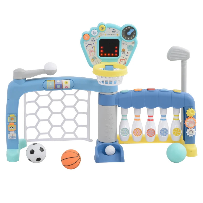 AIYAPLAY Gioco per Bambini 5 in 1 per Calcio, Basket, Golf, Baseball e Bowling, in PP e ABS, 88.6x38.7x60.4-68 cm
