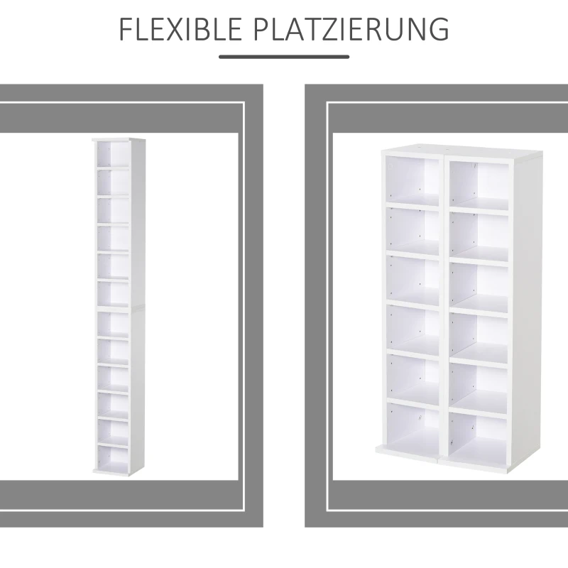 HOMCOM CD-Ständer 2er Set CD-Regal Holzregal Standregal mit 12 offenen Ablagefächern Medienrega Dekoregal Aufbewahrung Weiß 21 x 22,5 x 88,5 cm