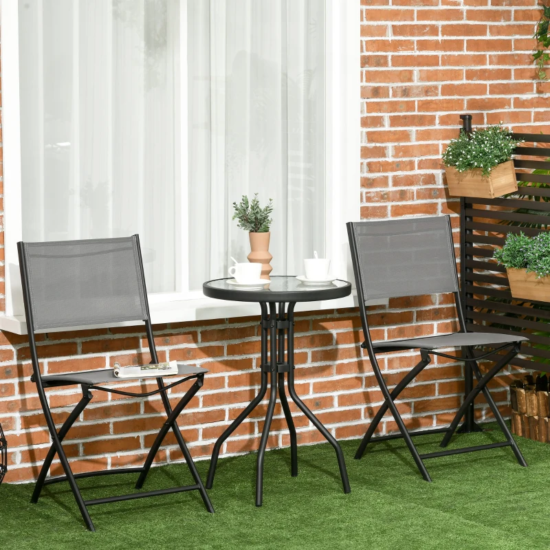 Outsunny Garten-Bistroset für 2 Personen Gartenmöbel Set inkl. 1 Tisch, 2 klappbaren Stühlen, Gartengarnitur Stahl Grau