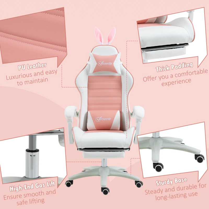 Vinsetto Racing Gaming Chair, Reclining PU Leather Computer Chair with Removable Rabbit Ears, Footrest, Headrest and Lumber Support, Pink