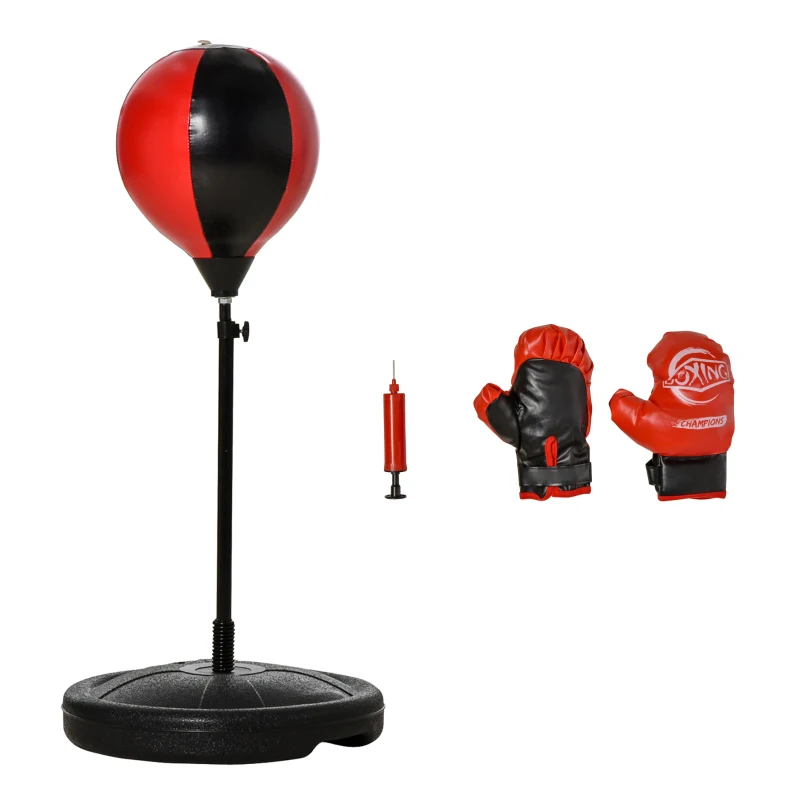 HOMCOM Saco de Boxeo para Niños de +3 Años Altura Ajustable Set de Boxeo Punching Ball con Guantes e Inflador Base Rellenable 33x33x73-109 cm Negro y Rojo