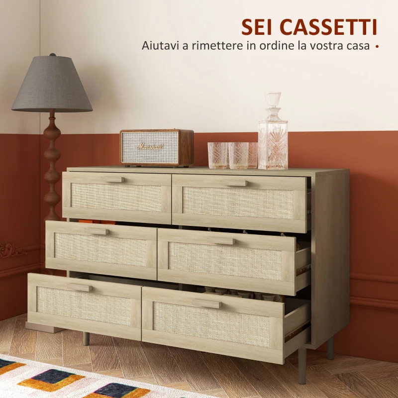 HOMCOM Cassettiera 6 Cassetti in Legno e Rattan Stile Boho per Soggiorno e Camera da Letto, 110x40x75 cm
