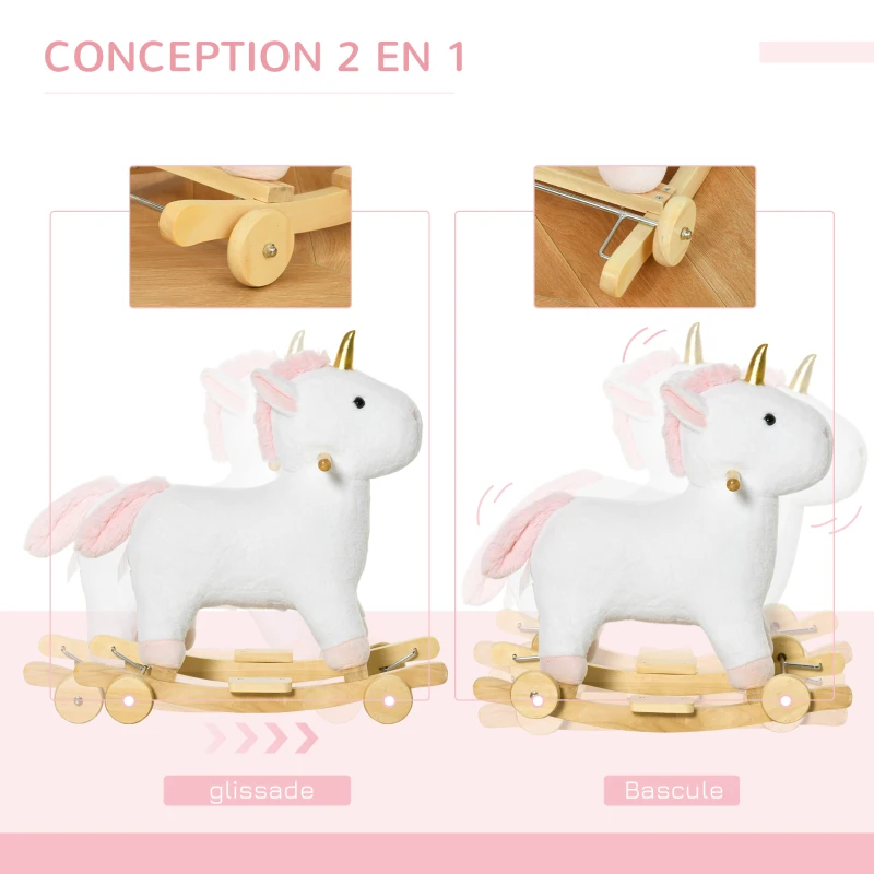 HOMCOM Cheval à bascule enfant en bois avec roues utilisation 2 en 1 pour petits enfants effet sonore 63 x 38 x 63 cm blanc