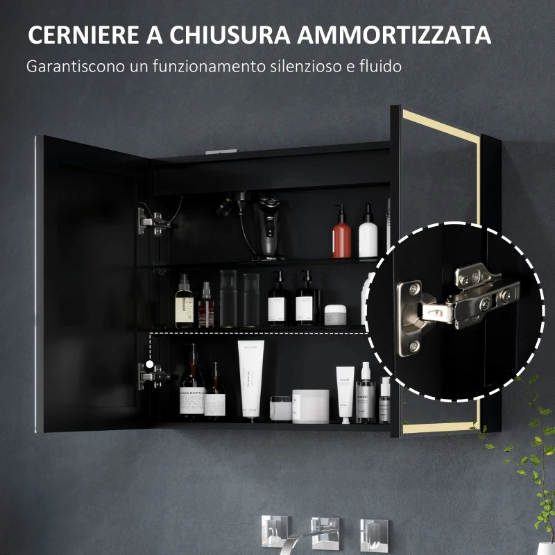 HOMCOM Armadietto a Specchio d Bagno con Luci LED e Ripiani Regolabili, in Vetro e Alluminio, 80x12.8x60 cm, Nero