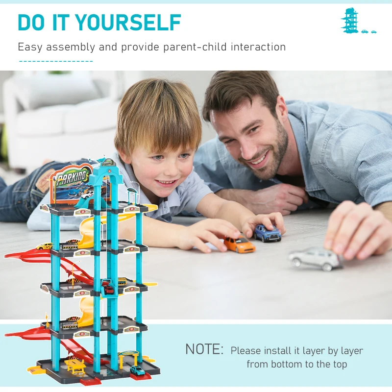 HOMCOM 5-Level Car Parking Garage Toy Race Tracks Car Ramp Set Toddler Car Games w/ Cars & Helicopter Elevator Gas Station Car Repair Station for 3-6 Years Old