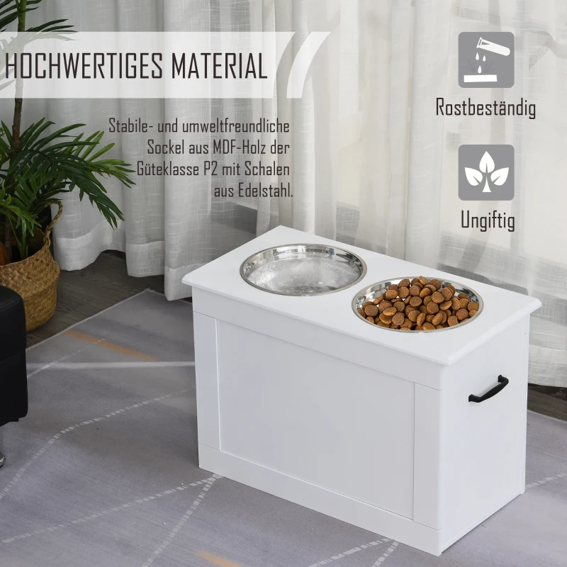 PawHut Erhöhter Hundenapf Futternapf mit Staumraum Wassernapf 2 x 2000ml Edelstahlnäpfen Hundenäpfe Fressnapf Futterstation für Hunde Katzen Weiß