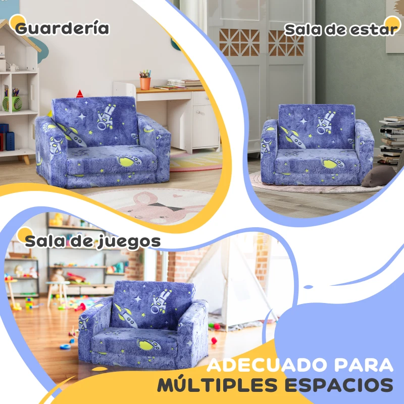 AIYAPLAY Sofá Infantil Plegable 2 en 1 Tapizado de Tela Luminosa con Patrón Cósmico Cojín y Funda Lavables Azul