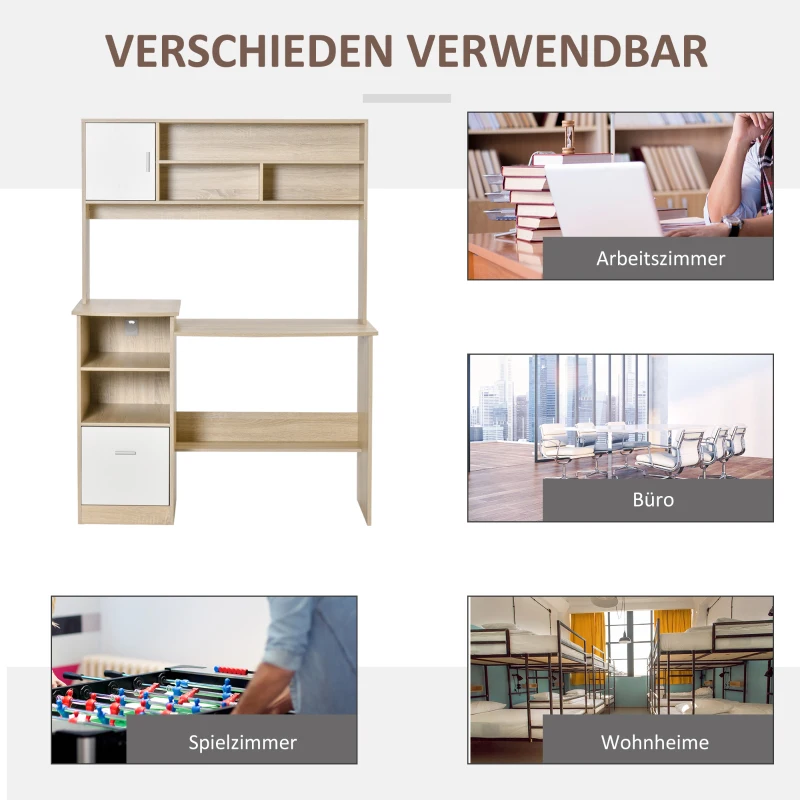 HOMCOM Schreibtisch Computertisch mit Bücherregal Home-Office Wohnzimmer Büro Eiche Weiß Spanplatte 120 x 60 x 160 cm
