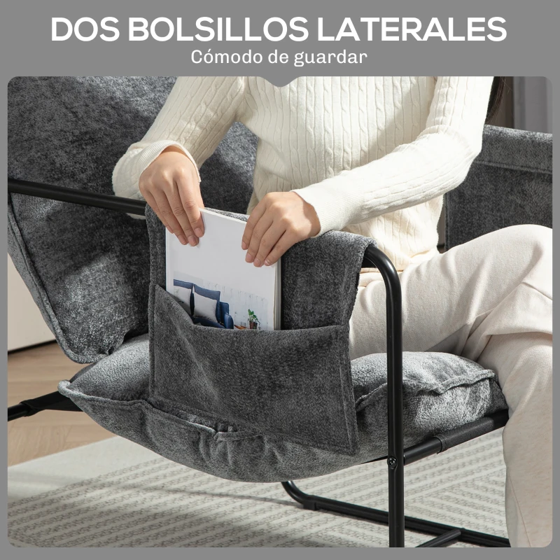 HOMCOM Butaca Moderna para Relax con Tapizado en Chenilla Estructura de Acero y Reposabrazos con Bolsillos 68x76x81 cm Gris