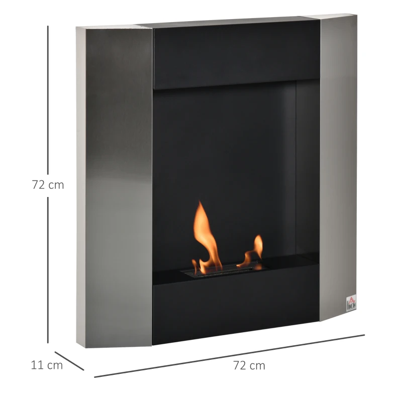 HOMCOM Ethanol-Kamin Bio-Ethanol-Brenner 6100BTU 0,7L 1 Std. Brenndauer kein Rauch wandmontiert Stahl Rostfreier Stahl Silber+Schwarz 72 x 11 x 72 cm