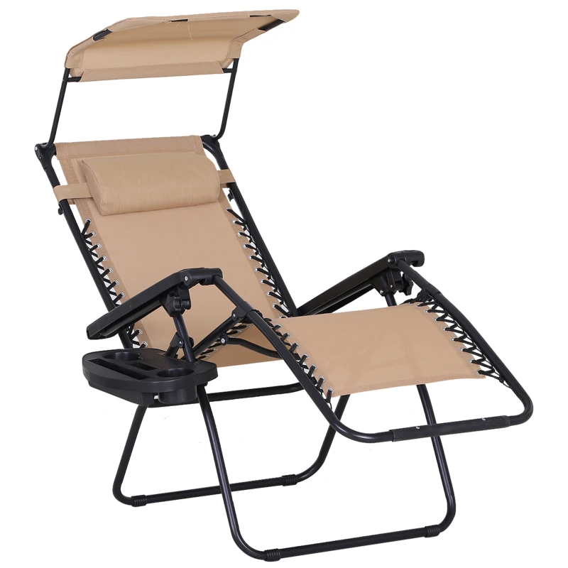 Outsunny Chaise Longue Pliable de Jardin Bain de Soleil zéro gravité Pare-Soleil et Dossier réglable Plateau Porte gobelet Accessoires Metal textilène Beige
