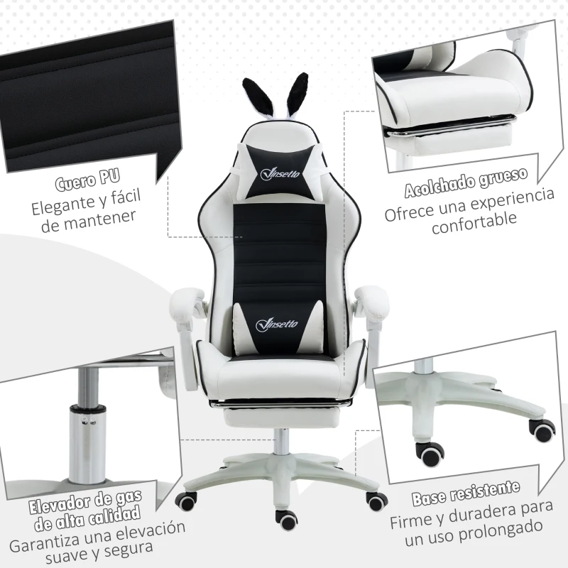 Vinsetto Silla Gaming Profesional de Cuero PU con Altura Ajustable Inclinable 135° Reposacabezas 65x63x136-142 cm Negro y Blanco